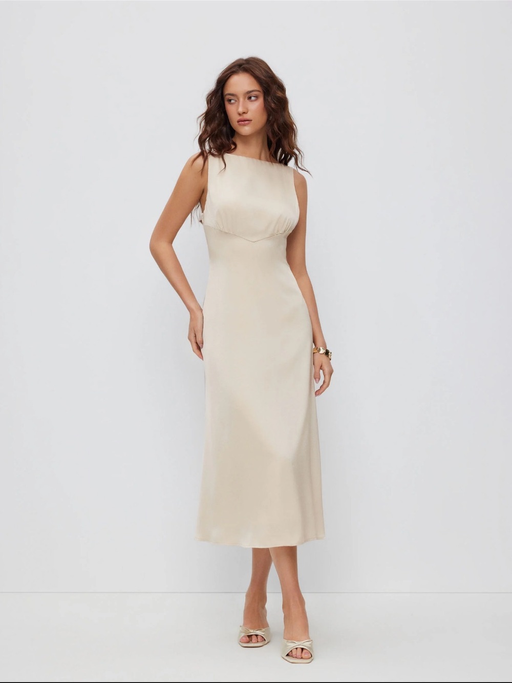 Cider Satin Sheath Midi Dress in Cream